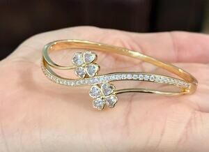 Gold Tone Designer Cloverleaf Layered CZ Bangle Bracelet Dainty Sparkle Cuff
